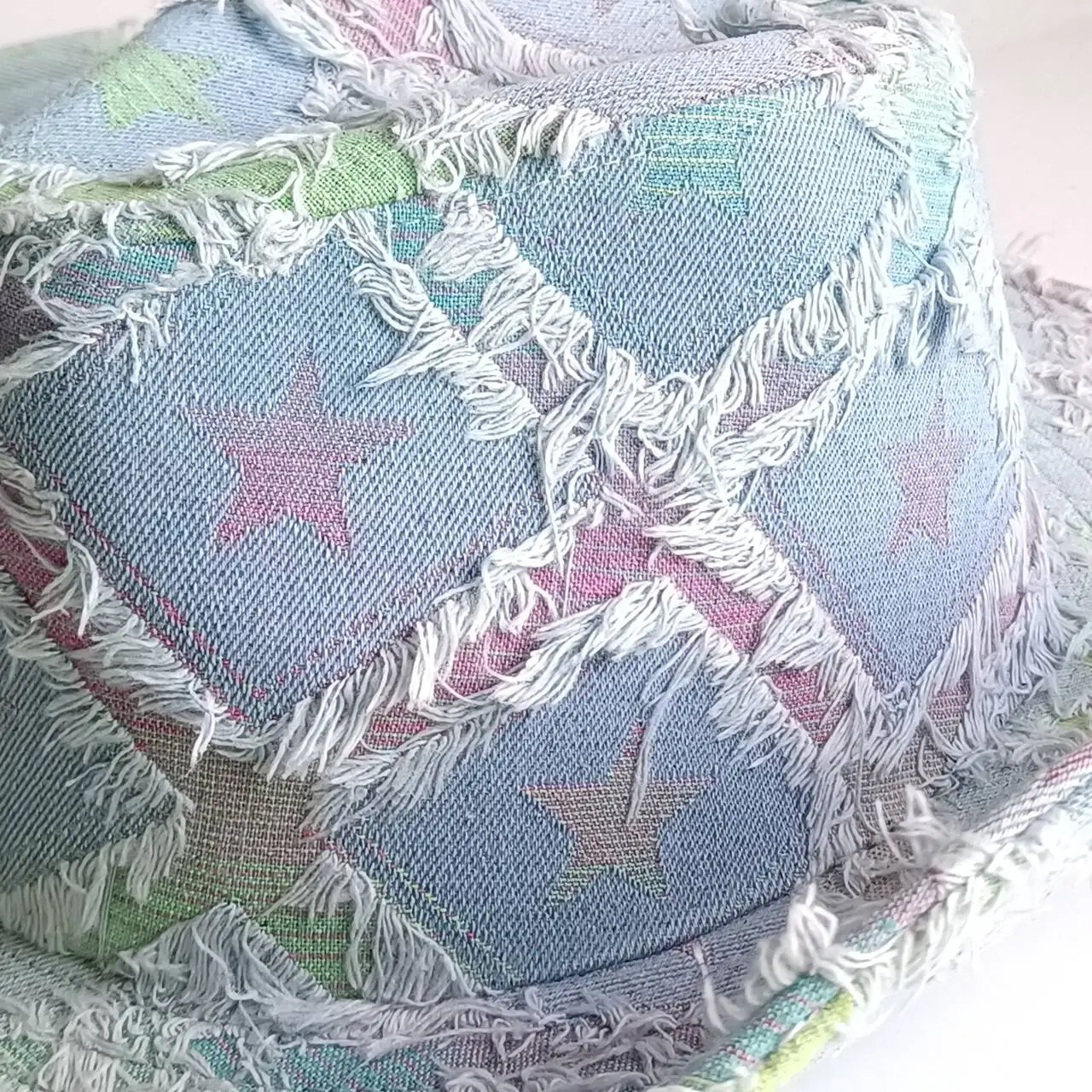 Frayed Star Print Denim Western Cowgirl Hat Vintage Distressed Fringe Wide Brim Cowboy Hat Y2K Pastel Color Outdoor Festival Vac 5