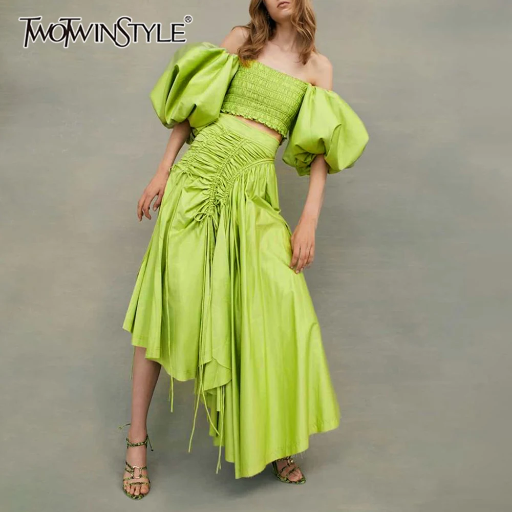 

TWOTWINSTYLE Slimming Spliced Folds Two Piece Sets for Women Slash Neck Half Sleeves Top High Waist Skirt Fashion Set Female New