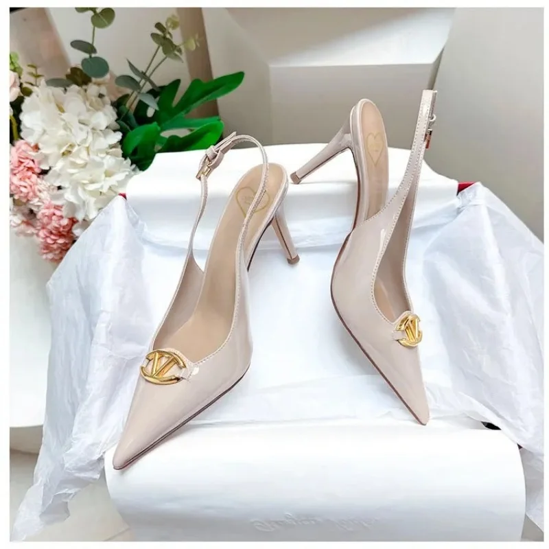 Black Patent Leather Heeled Sandals Summer 2025 New Elegant Woman Thin High Heels Pointed Toe Sexy Fashion Party Women's Sandals