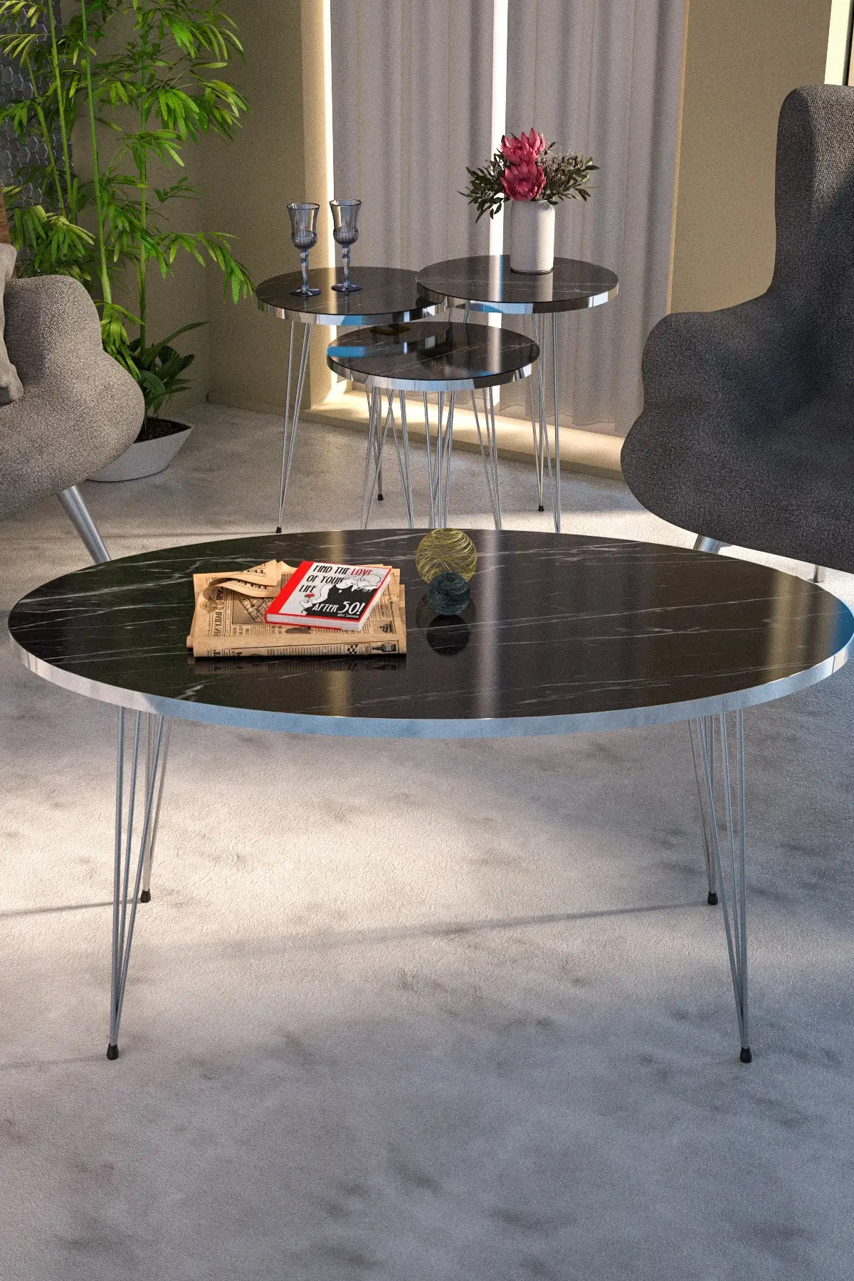 DOLBOVI Zigon Coffee Table And Coffee Table in the Middle Ellipse Set Silver Bendir Tel Coffee Table