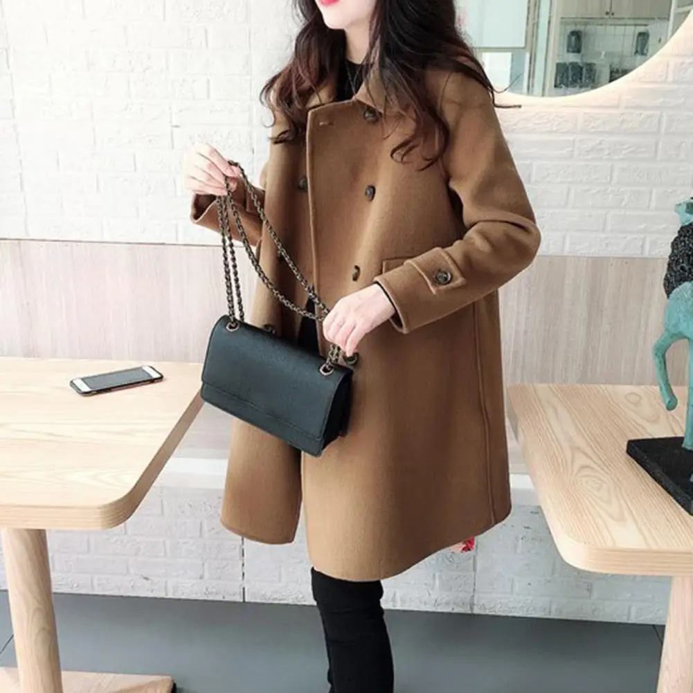 Double-breasted Women Trench Coat Thick Warm Vintage Woolen Mid Length Pockets Lapel Buttons Loose Cardigan Long Sleeve Jacket