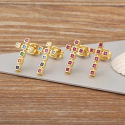 Nidin Korea Popular Inlaid Delicate Zircon Cross Charm Earrings 3 Colors For Women Girl Engagement Wedding Jewelry Accessories