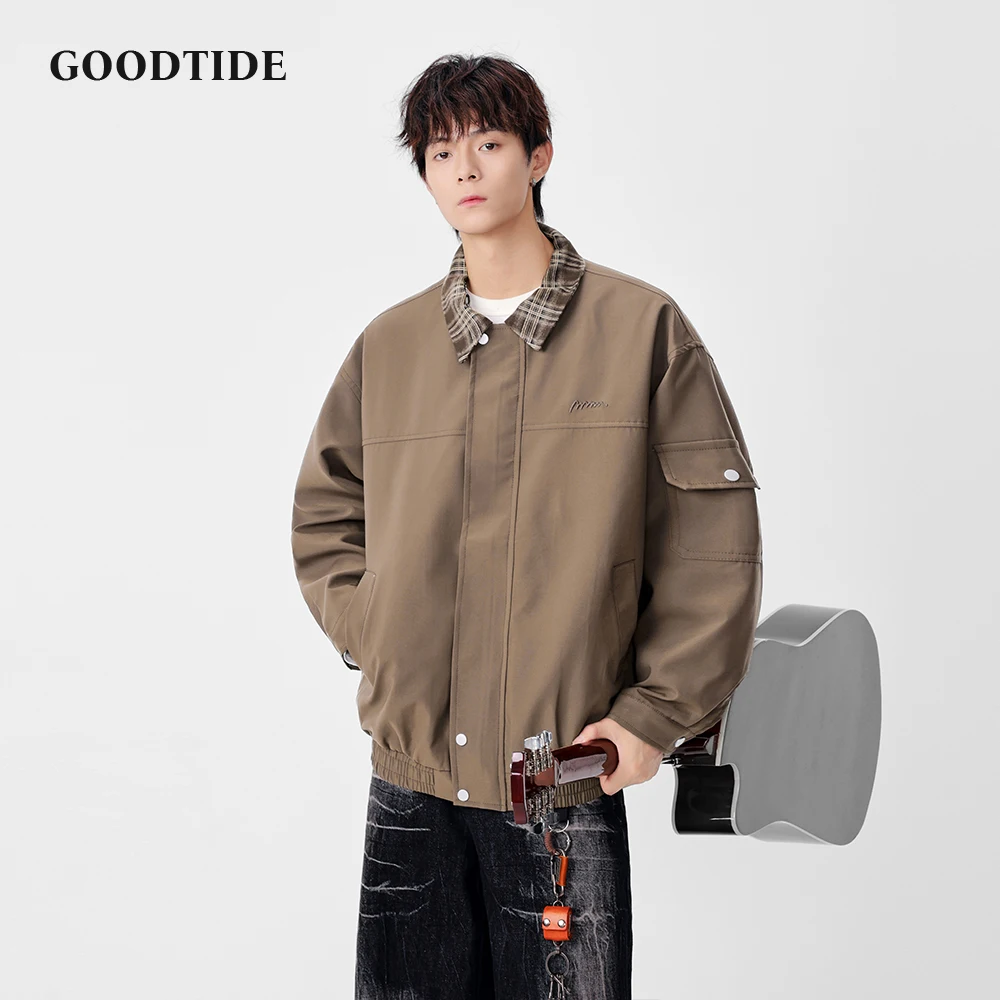 

Мужская повседневная куртка на пуговицах, новинка 2023 года, контрастный клетчатый воротник и карман, модная осенне-зимняя повседневная одежда, верхняя одежда