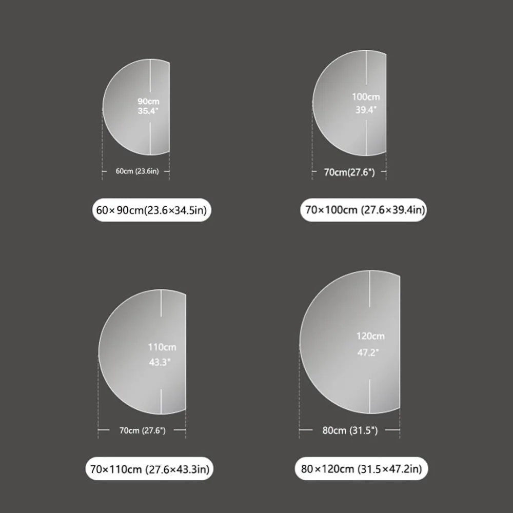 Espelho de parede LED meia lua moderno de 35 x 24 polegadas com recurso de maquiagem inteligente antiembaçante e regulável em 3 cores