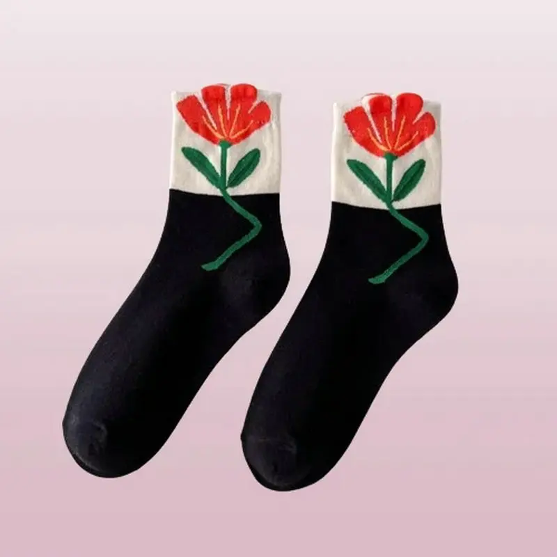 Chaussettes à fleurs de tulipe pour femmes, chaussettes mi-mollet, confortables et respirantes, haute qualité, mode, nouveau, 2024, 5 paires