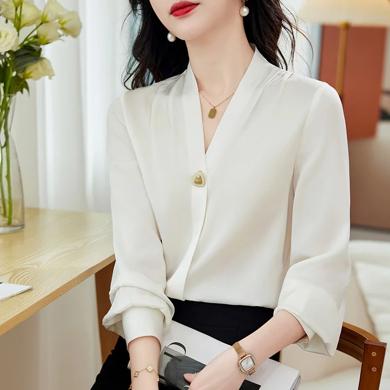 90% Heavy Mulberry Silk Shirt Women Long Sleeve Solid V-Neck Elegant Commute Blouse 2026 Spring New