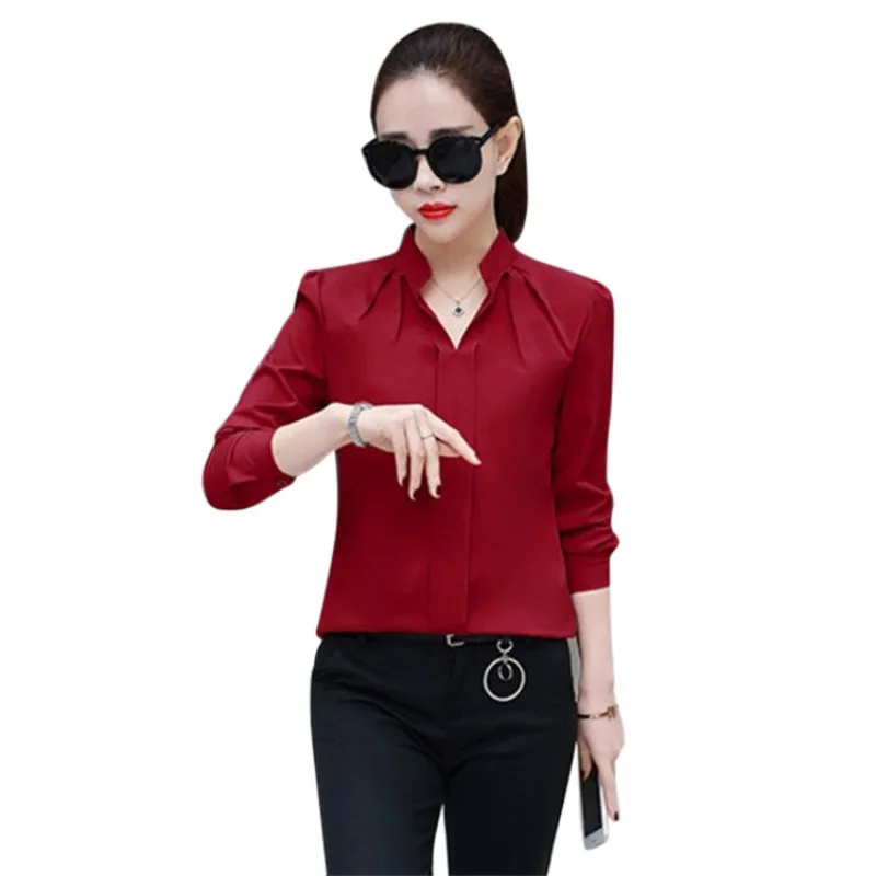 Women\'s Spring Sexy V-Neck Shirt Formal Long Sleeve Chiffon Blouse Casual Long Sleeve Shirt