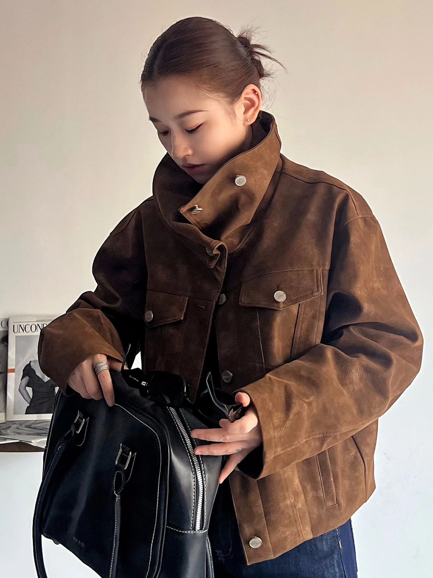 Cé Brown Retro Collar Jaet Damska kurtka zamszowa w rozmiarze ort, luźny krój, materiał poliestrowy, jesienno-zimowy płaszcz damski