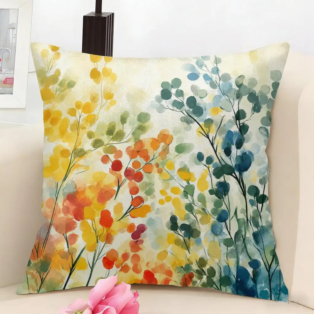 Watercolor Botanical Meadow Cushion Cover Linen Pillow Cover 40x40cm Decorative Cushion Case Boho Home Sofa Decor Gift