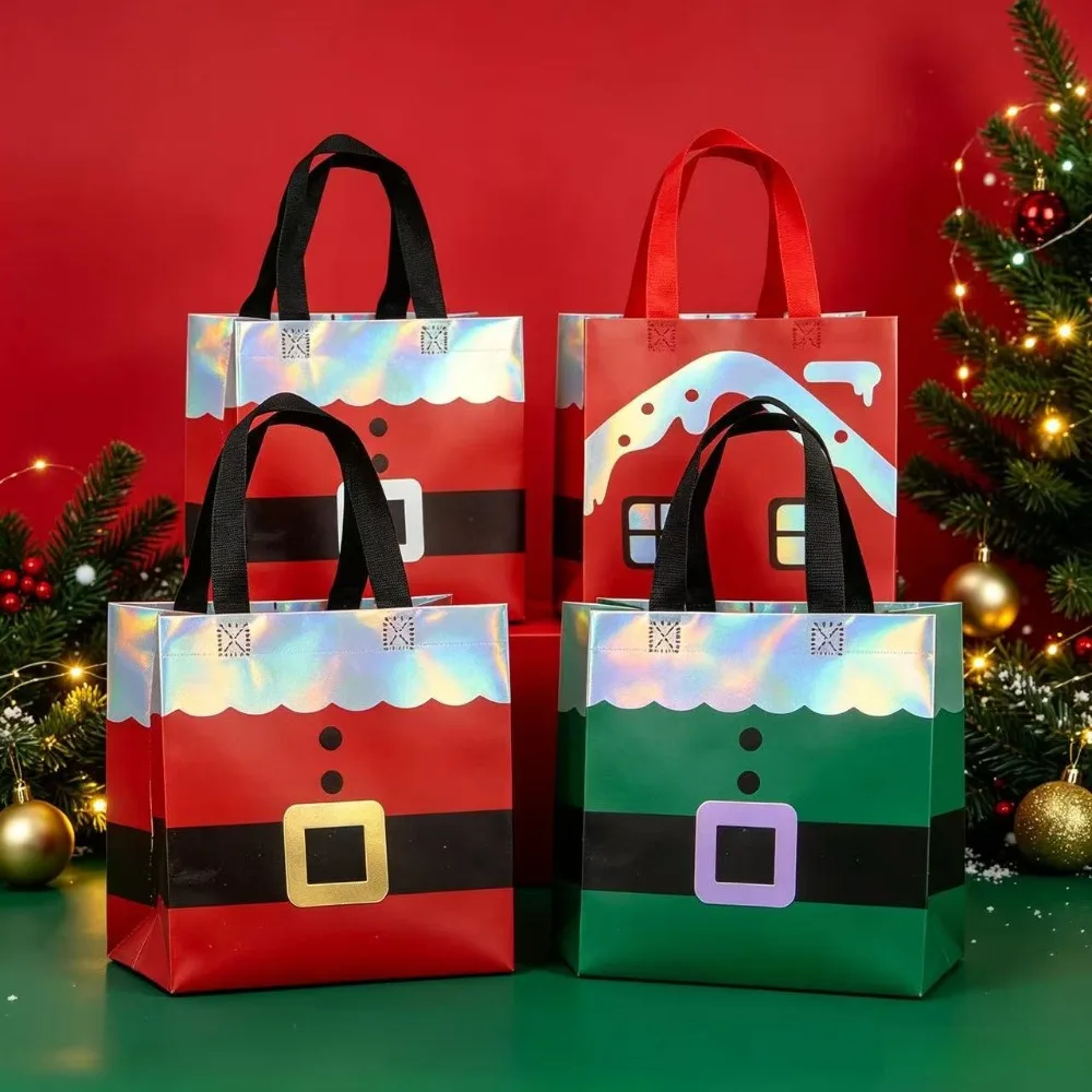 12Pcs Christmas Non‑Woven Tote Bags,4 Styles Laser Print Gift Bags for Xmas Party Candy Apple Fruit Present Packaging