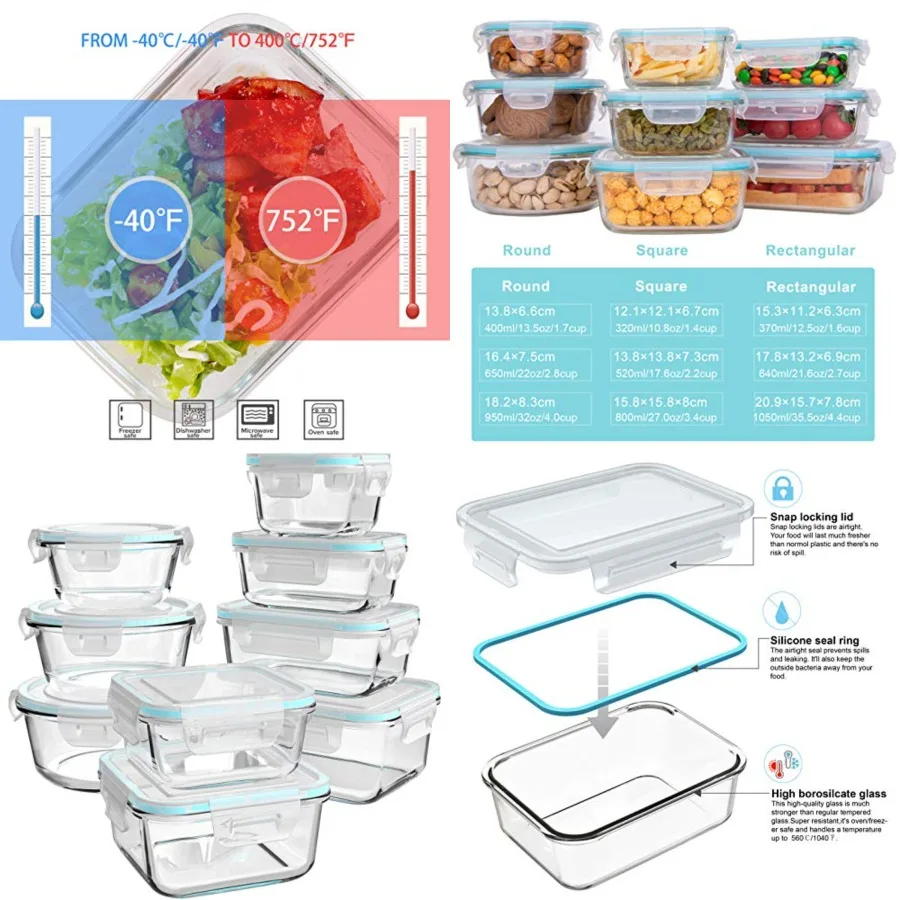 

Glass Food Storage Containers with Lids, [18 Piece] Glass Meal Prep Containers, Containers for Food Storage with Lids, BPA Free