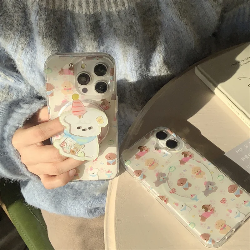 Korean Cute Puppy Magnetic Phone Case For iPhone 16 Pro 15 12 14 13 Pro Max Cover with Magsafe Stand Holder Kawaii Cases 15Pro