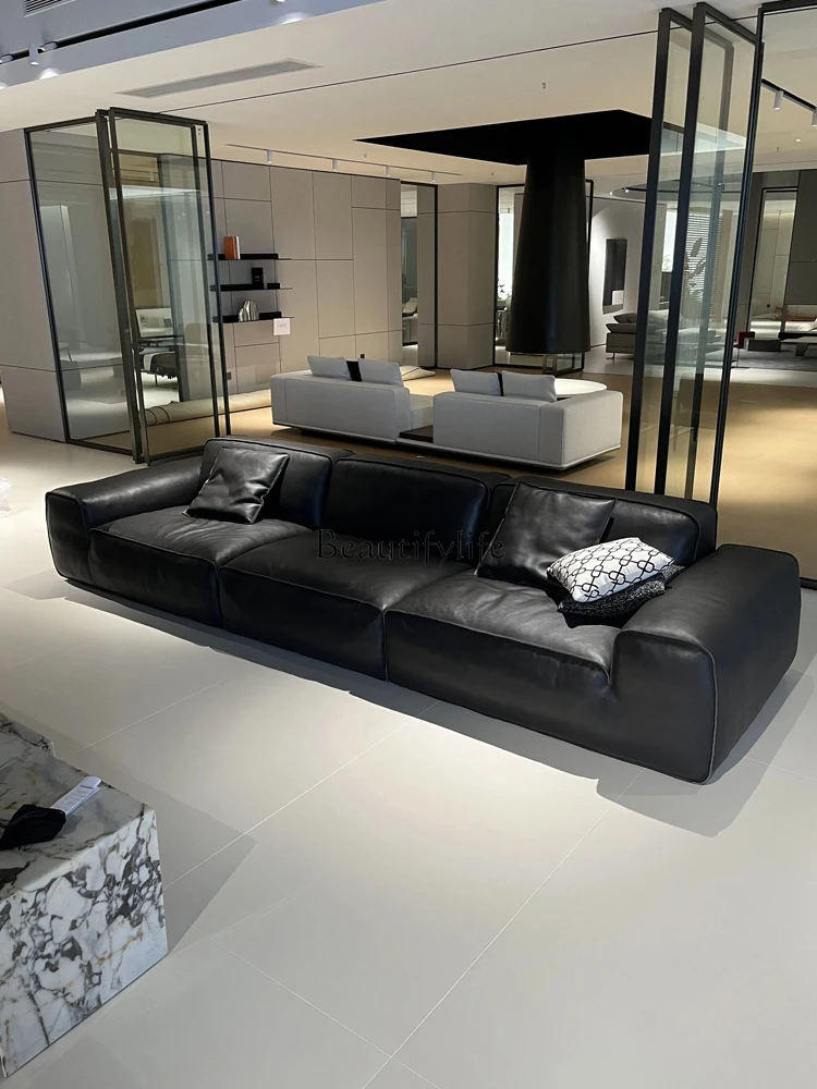 

04Full leather Italian imported minimalist black leather sofa