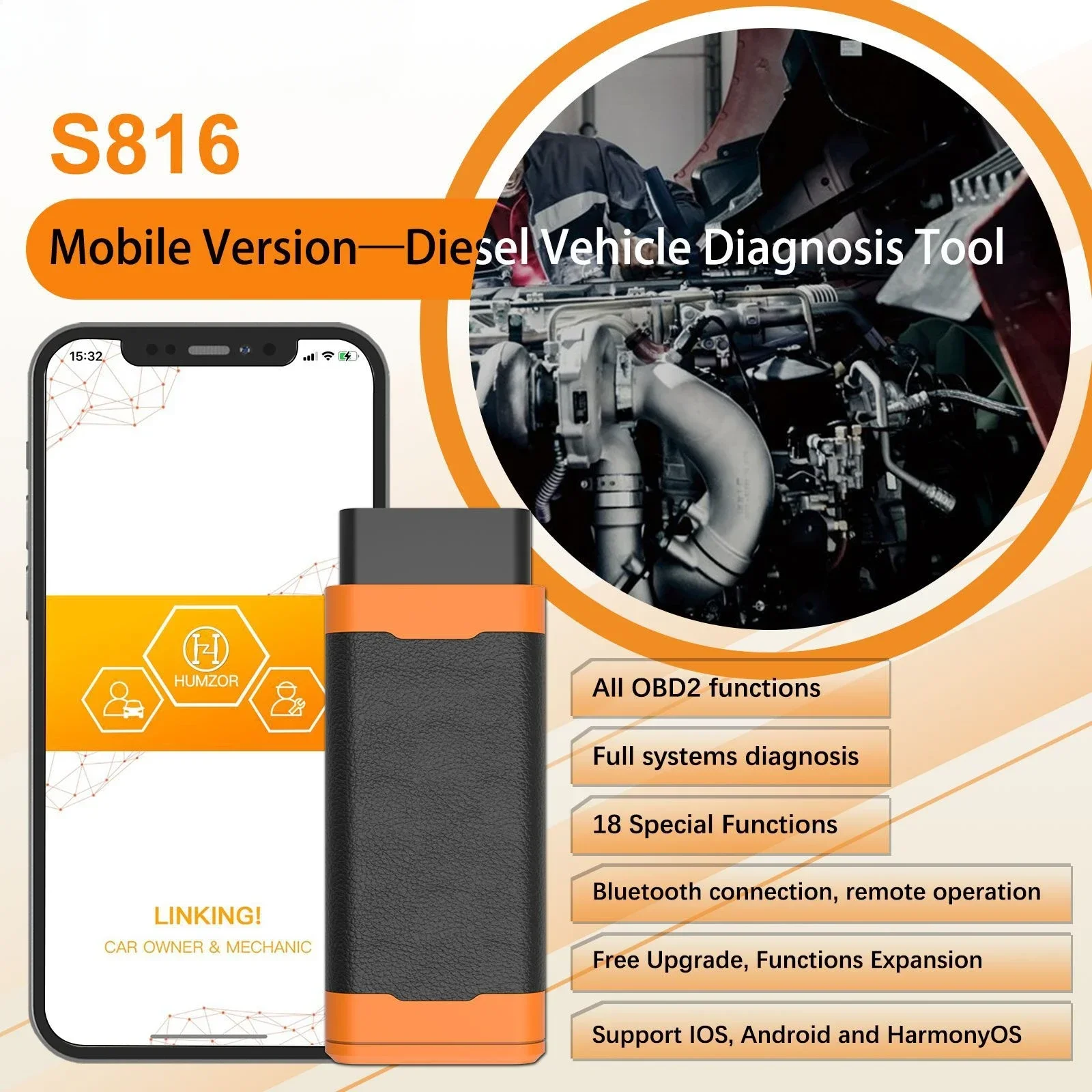 S816 mobile version of the new diesel vehicle full system fault diagnosis tool OBD2 multi-language