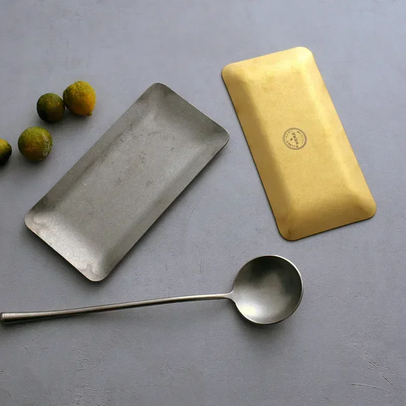 Japanese style retro metal small plate gold and silver creative 304 stainless steel towel dish dessert dish jewelry storage tray image 3