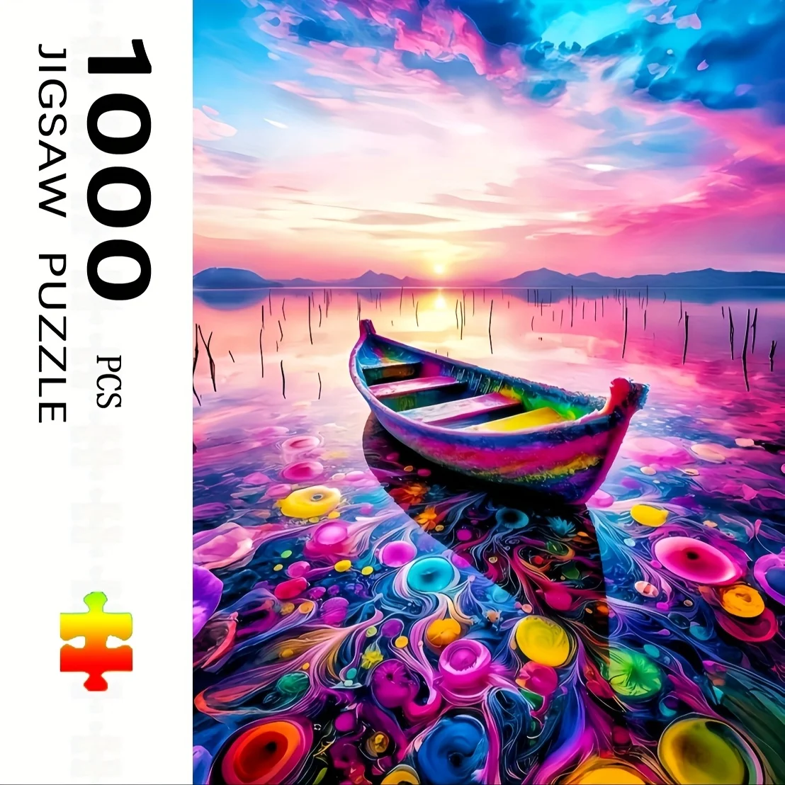 

1000pcs Jigsaw Puzzle - Vivid Boat & Watercolor Landscape Art with Sunset Sky, Vibrant Colors, Complex Design for Adults & Fam