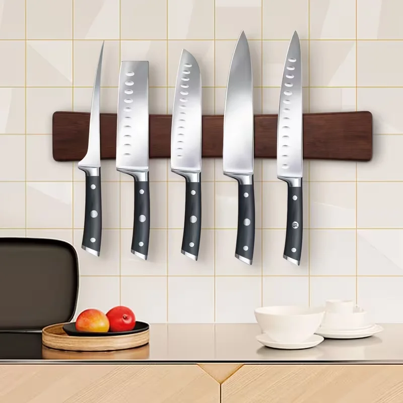 Solid Wood Magnetic Knife Holder Strip Wall Mounted Storage Rack for Knives Tools Keys Kitchen Garage Entryway Organizer