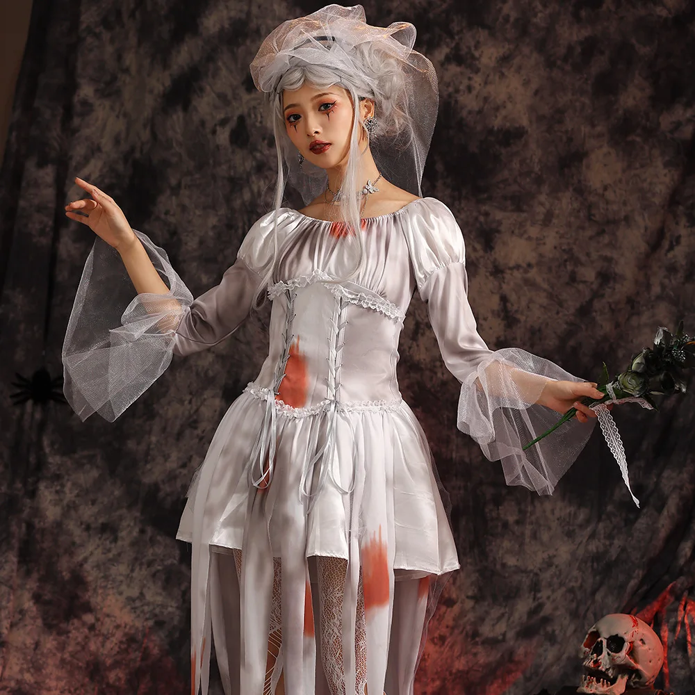 Bloody Woman Halloween Zombie Walking Dead Scary Costume Female Corpse Bride Cosplay Carnival Purim Parade Role Play Party Dress