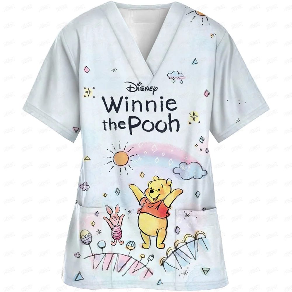 Winnie the Pooh Clinic โรงพยาบาลพยาบาล Workwear ฟัน 3D พิมพ์เสื้อยืดผู้หญิง V คอกระเป๋าทางการแพทย์เสื้อผ้าพยาบาล TOP ทํางาน