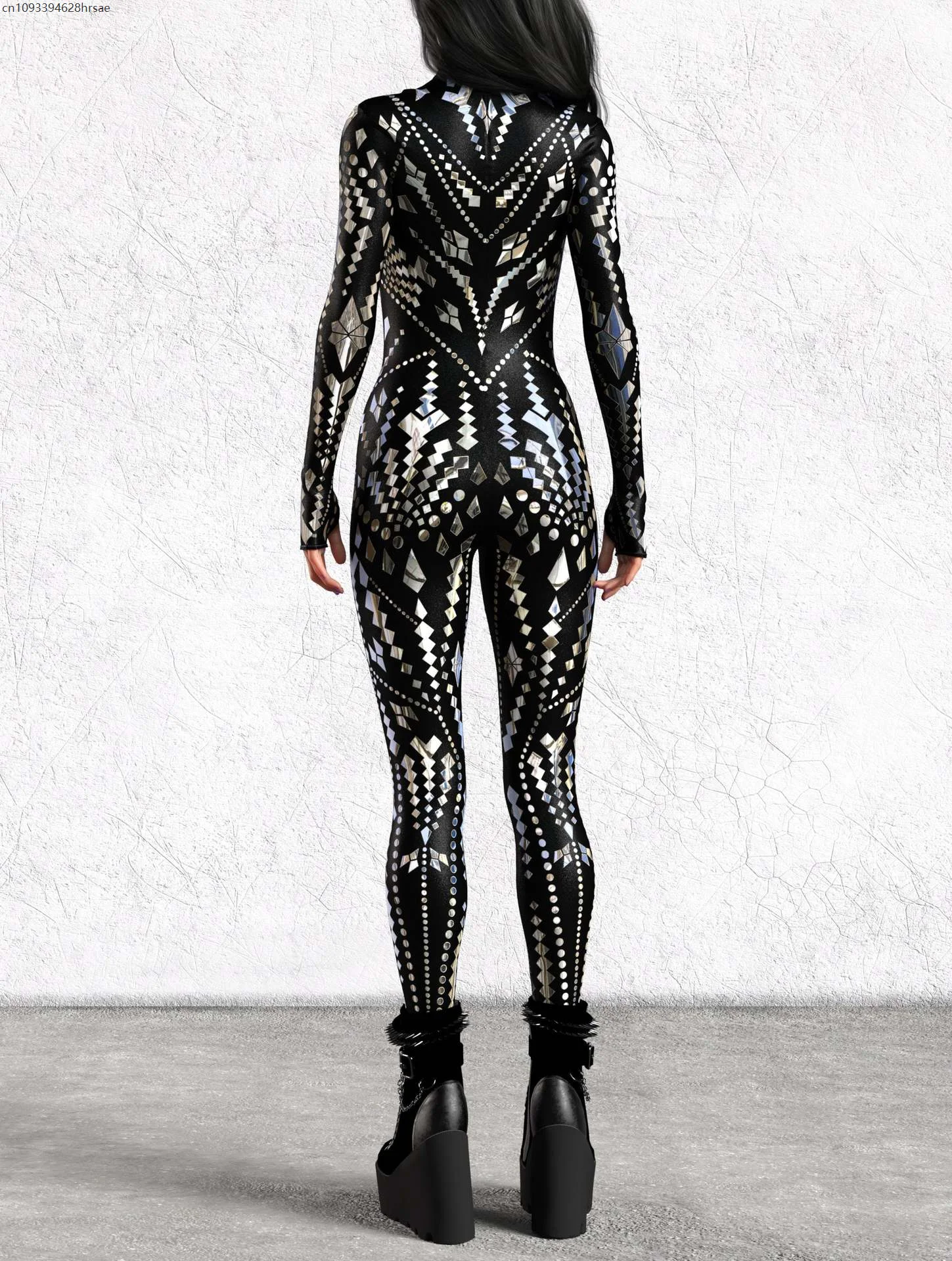 

2025 Women Dark Gothic 3D Print Cosplay Jumpsuit Halloween Cyber Punk Zentai Suit Holiday Party Rave Bodysuit