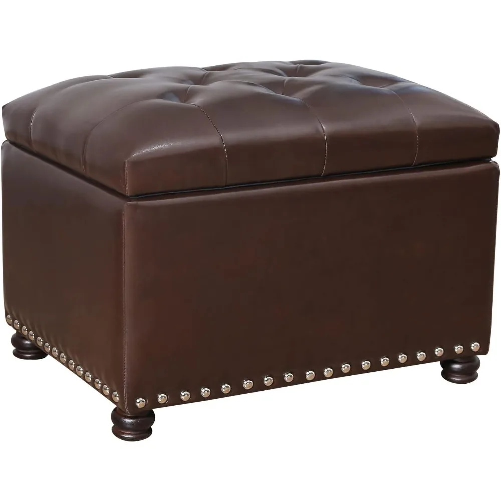 Foot Rest Stool, Leather Storage Ottoman Rectangular Foot Rest Stools with Nailhead Trim for Bedroom Living Room, Stool