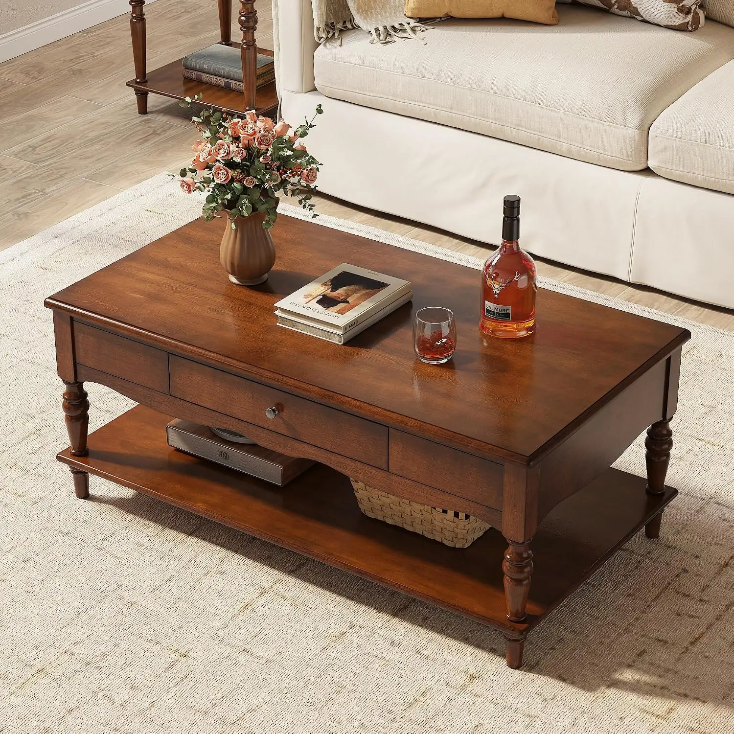Wooden Coffee Table with Drawers & Storage Shelf, Cherry Brown | 43.3x23.6x17.7in, Vintage Rectangle Center Table with 2 Drawers