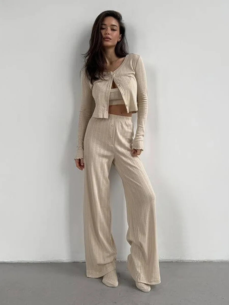 Blubelle 2025 ربيع جديد الجاكار المرأة سترة طويلة الأكمام الملابس الداخلية السراويل بيجامة ثلاث قطع مجموعة المتسكعون بيجامة مجموعات #3