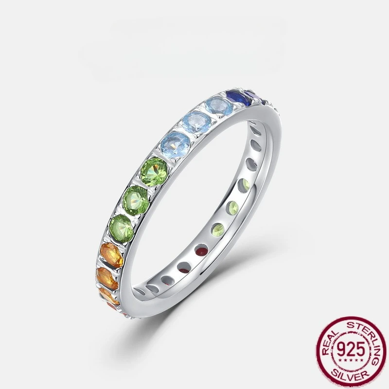 

New S925 Pure Silver Zirconia Ring Set with Rainbow Zirconia Hip Hop European and American Simple Fashion Wedding Jewelry