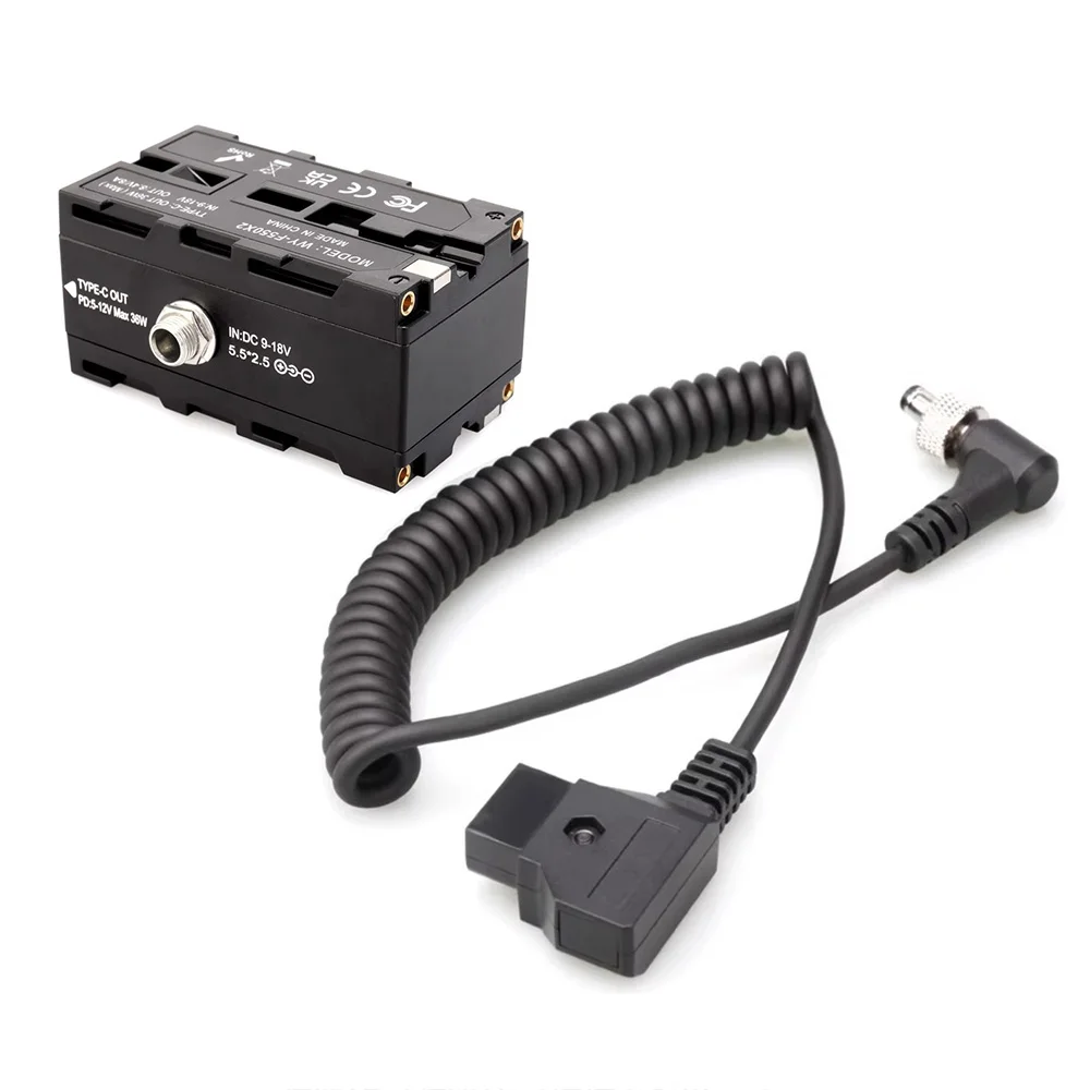 D-Tap/ Type-C to Double-Sided NP-F550/570/770/970 Dummy Battery Power Adapter with 5-12V Type-C Output Flexible Spring Cable