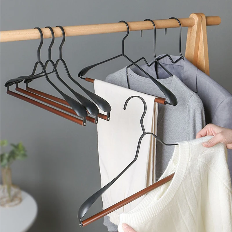 3CM Wide Shoulder Iron Wooden Clothes Hanger,Non-slip Trouser Rack with Clips,Household Closet Organizer for Jacket Pants,5 Pack