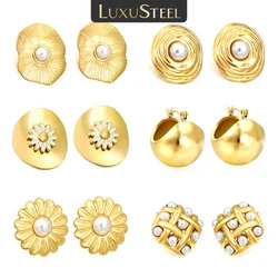 LUXUSTEEL Fashion Women’s Flower Stainless Steel Stud Earring Geometric Round Hoop Earrings Golden Drop Ear Rings Jewelry Gift