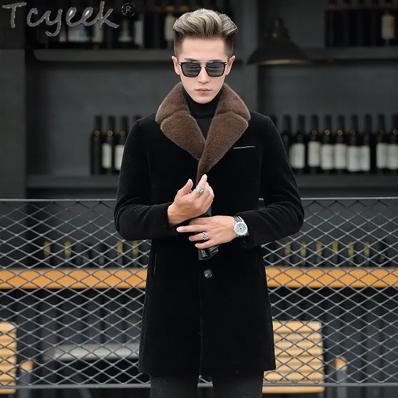 

Tcyeek Men's Mink Fur Collar Coat Mid-length Real Fur Jacket Men Clothes Winter Warm Alpaca Wool Coats Slim Down Jackets Homme