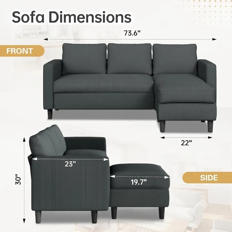 3-Seat Reversible Sectional Sofa with Ottoman, Small Couch, Grey