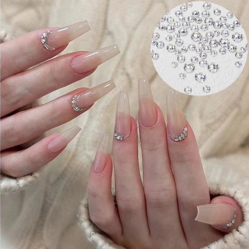 أحجار الراين المسطحة ثلاثية الأبعاد دائرية متعددة الأحجام، ولمسات فضية، وإكسسوارات أظافر من حجر الماس المتلألئ