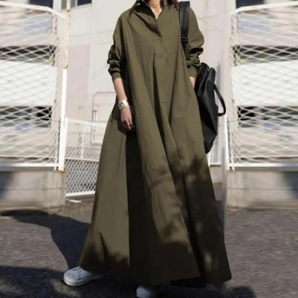 

Ladies Cotton Linen Dress Stylish Women's V-neck Long Sleeve Shirt Dress in Solid Color Casual Streetwear Sundress for Spring