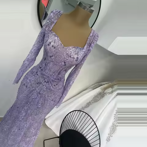 Beaded Evening Gown Lavender purple mermaid dress Lace long sleeve dress wedding party dress ball and cocktail special occasion