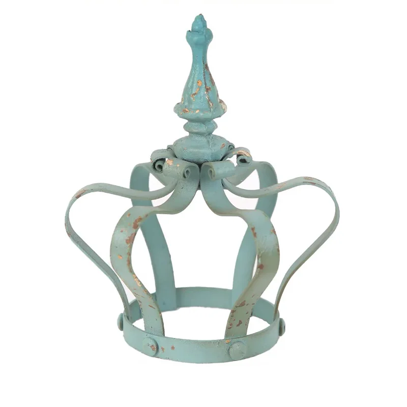 

Vintage Metal Crown Decor, Mint Green Distressed Iron Crown, 16cm Height x 13cm Width, Rustic Decorative Display Stand