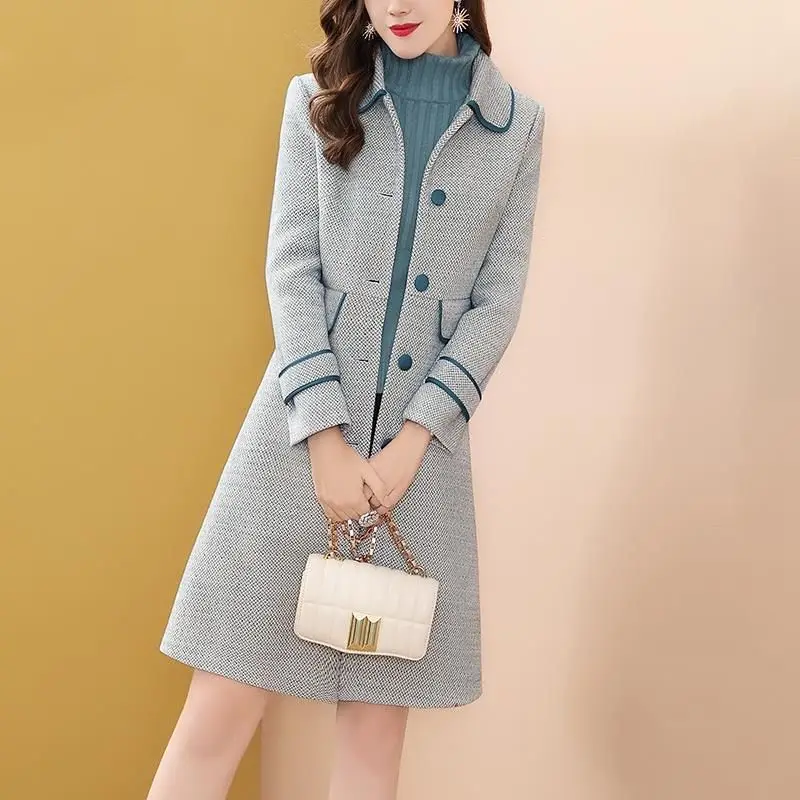 Women's Long Woolen Coat, Elegant Slim Fit, All-Match Outwear, Monochromatic, Casual Fashion, Temperament, Large Size, New, 2024