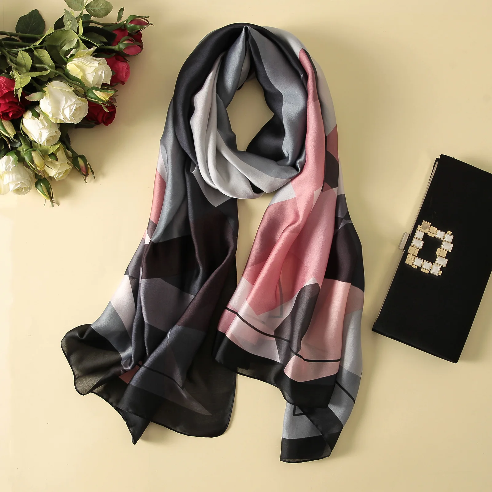 New floral simple and elegant high-end imitation silk scarf for women's decorative shawl sun protection beach towel