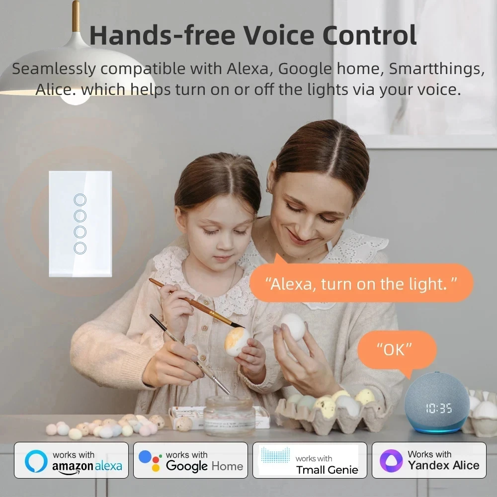 1 2 3 4 gang Tuya ZigBee WiFi US interruptor de luz inteligente Interruptor táctil con cable neutro Control de vida inteligente a través de Alexa Google Home