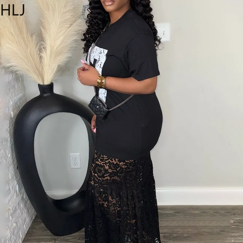 HLJ Sexy lettre impression moulante t-shirt robe longue femmes voir à travers manches courtes dentelle Patchwork robes femmes robes nouveau