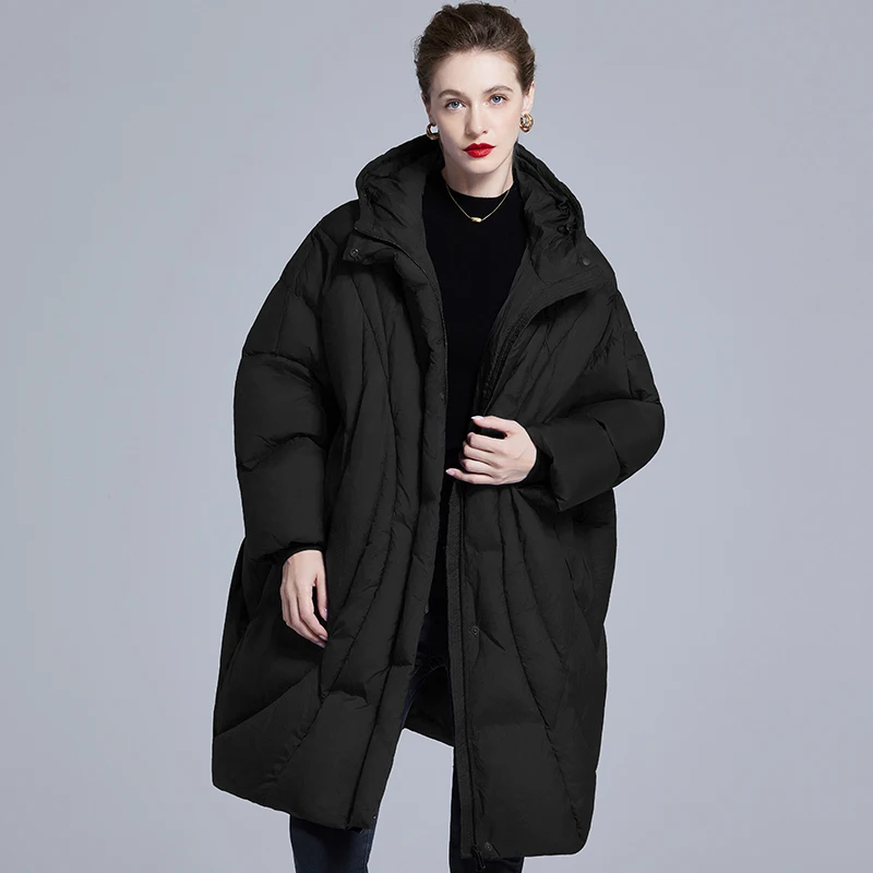 Casaco feminino oversized com capuz, parka de inverno acolchoada com preenchimento de penas roxas e bolsos laterais, elegância minimalista quente