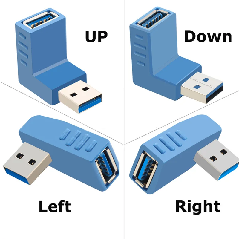 Convertisseur de connecteur Usb 3.0 mâle vers femelle, convertisseur de 90 degrés, de haut en bas à gauche et à droite, adaptateur de prise USB 3.0 de Type A, couleur bleu/noir