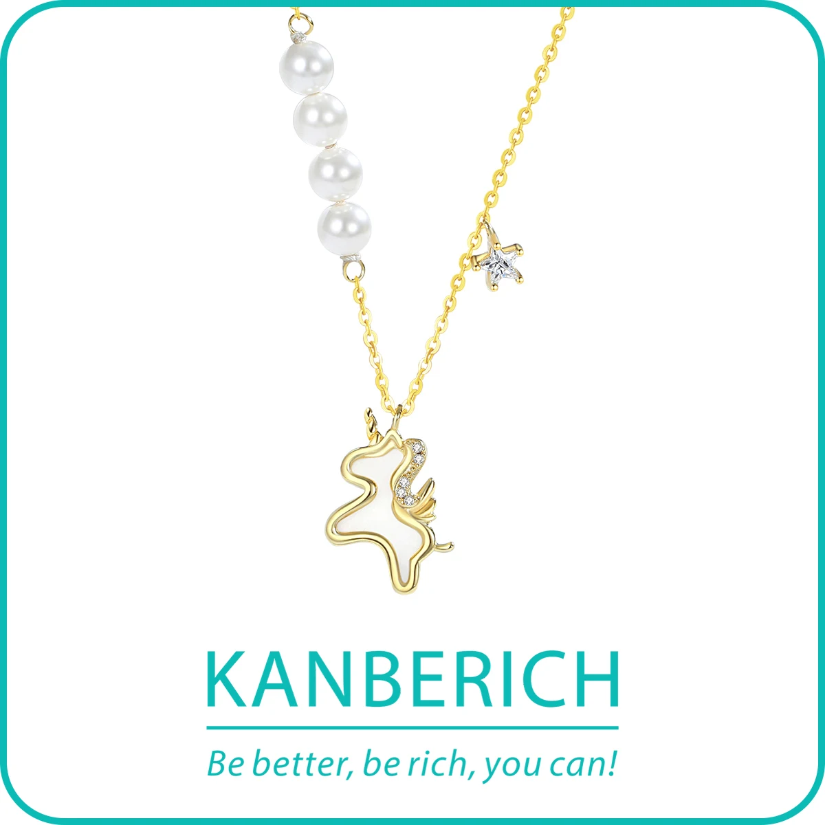 

Kanberich S925 Real Sterling Silver Cubic Zirconia Seashell Pearls Starlight Unicorn Pendant Necklace Clavicle Chain