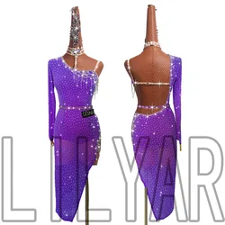 New Latin Dance, Latin Costumes, Competition, Performance Costumes. Purple Slim-Fit Sparkly Diamond Sexy Dance Dress