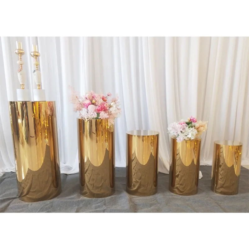 floor centerpieces hotel road decoration center piece Golden stainless steel tall flower holder Round Pillars