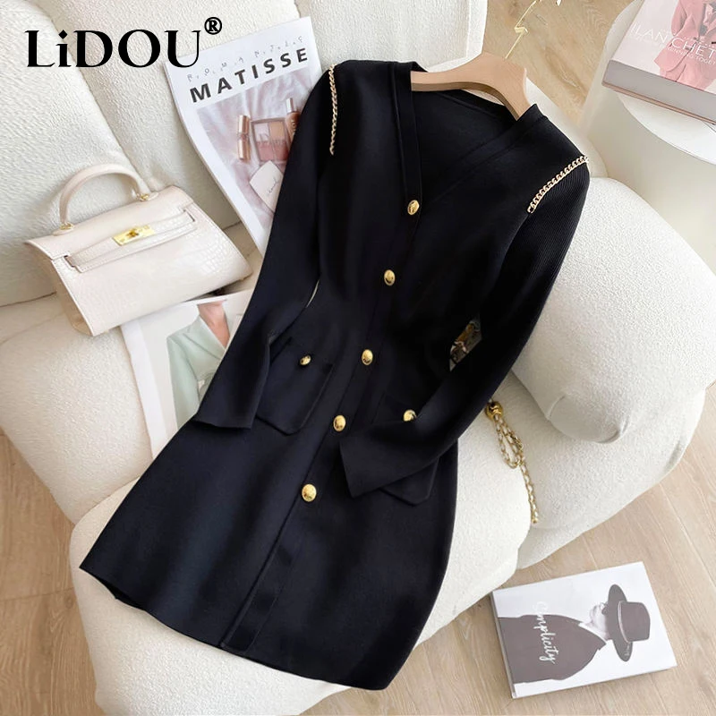 

Spring Autumn V-neck Elegant Fashion Chic Chain Knitting Dress Ladies Long Sleeve Temperament Vestidos Women Slim Casual Robe