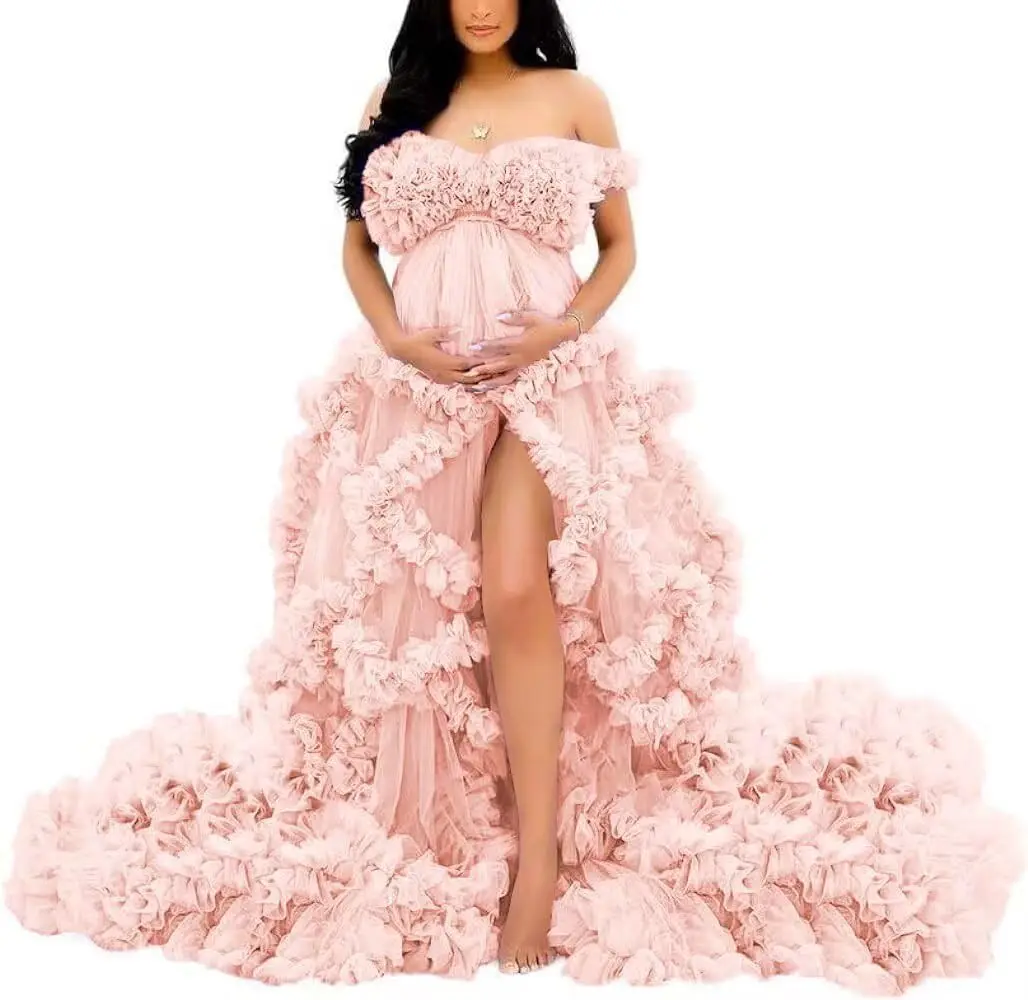 Fotoshoot & babyshower tule zwangerschapsjurk - off-shoulder, puffy ruches, elegante lange jurk voor zwangerschap