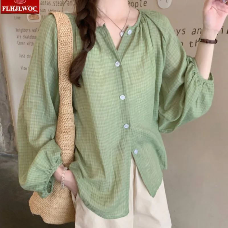 Casual Loose Women Cute Tops Preppy Style Vintage Japan Korea Design Single Breasted Button Green Blue Plaid Shirts Blouses