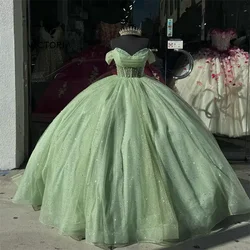 Vestido De baile largo brillante para quinceañera, vestido De cuentas sin hombros con corsé, tren De barrido, 15 Años